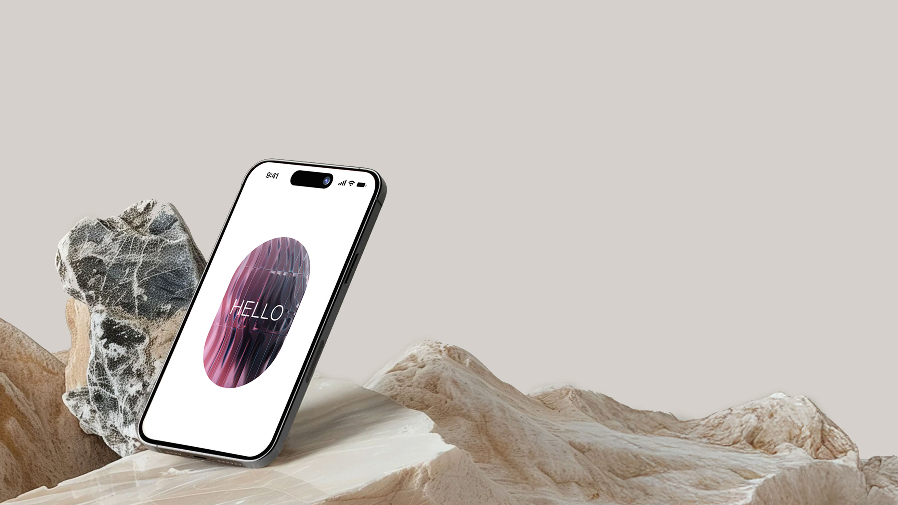 The Neurow app greeting its user — a phone resting on a sunlit mineral landscape